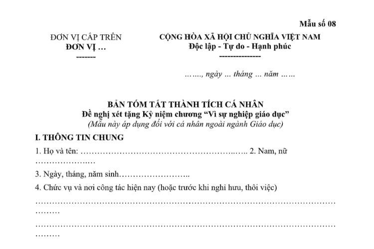 Mẫu Bản tóm tắt thành tích cá nhân trong ngành giáo dục của Bộ Giáo dục và Đào tạo áp dụng đối với xét tặng kỷ niệm chương "vì sự nghiệp giáo dục"