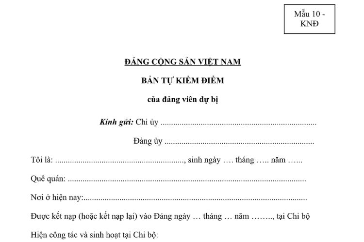 Mẫu Bản tự kiểm điểm của Đảng viên dự bị (đối với học sinh, sinh viên)