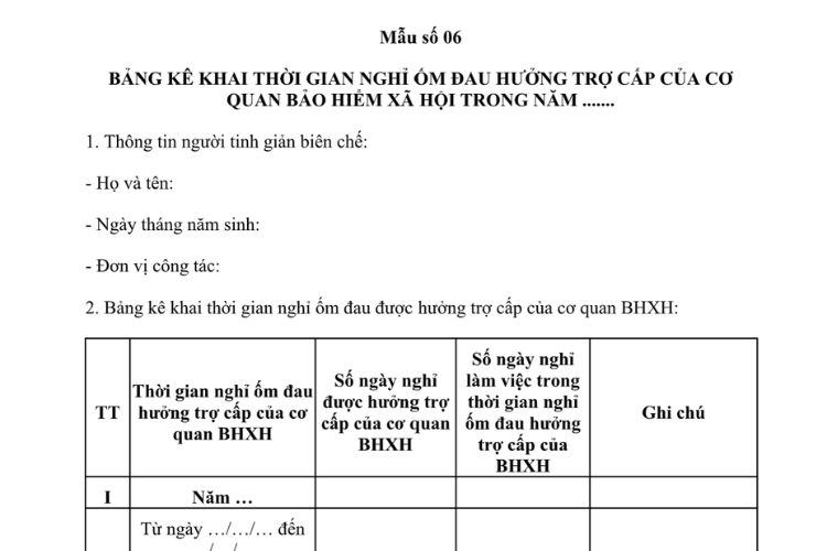 Mẫu Bảng kê khai thời gian nghỉ ốm đau hưởng trợ cấp của cơ quan Bảo hiểm xã hội trong năm (đối với người tinh giản biên chế tại Kho bạc Nhà nước) 2 Mẫu Bảng kê khai thời gian nghỉ ốm đau hưởng trợ cấp của cơ quan Bảo hiểm xã hội trong năm (đối với người tinh giản biên chế tại Kho bạc Nhà nước)