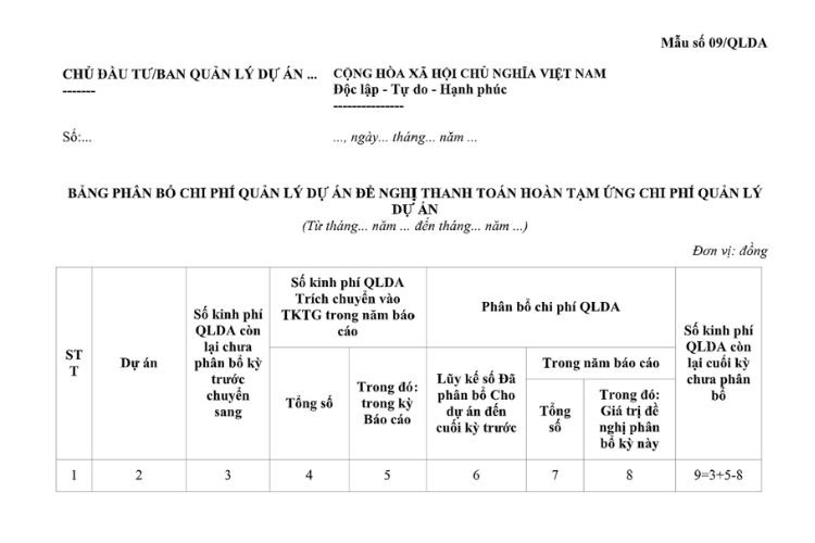 Mẫu Bảng phân bổ chi phí quản lý dự án đề nghị thanh toán hoàn tạm ứng chi phí quản lý dự án (đối với dự án sử dụng vốn đầu tư công)