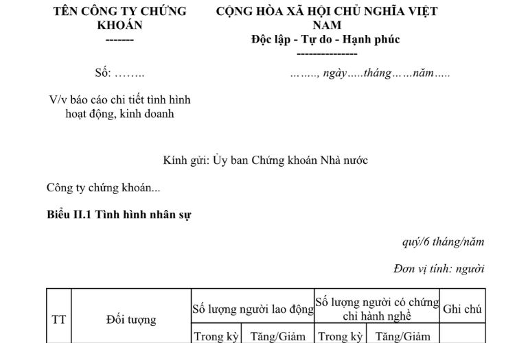 Mẫu Báo cáo chi tiết tình hình hoạt động, kinh doanh của công ty chứng khoán 2 Mẫu Báo cáo chi tiết tình hình hoạt động, kinh doanh của công ty chứng khoán
