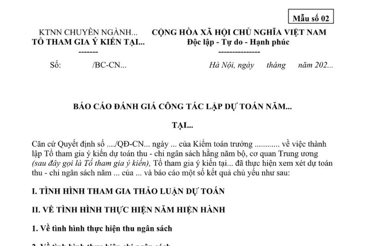 Mẫu Báo cáo đánh giá công tác lập dự toán của các Bộ, cơ quan trung ương 2 Mẫu Báo cáo đánh giá công tác lập dự toán của các Bộ, cơ quan trung ương