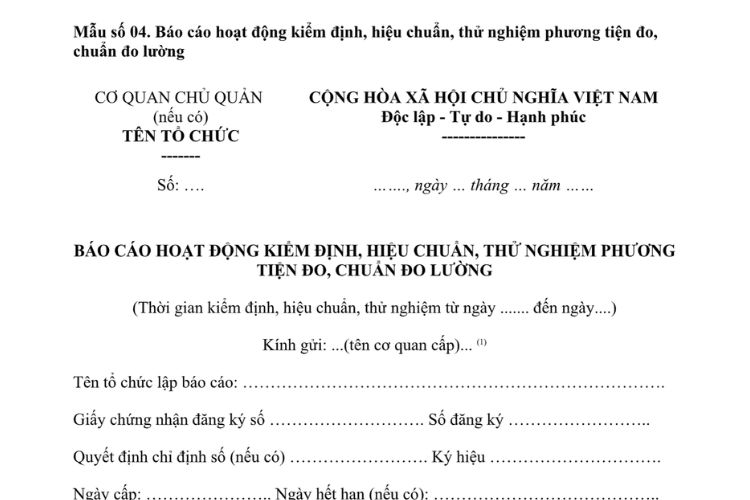 Mẫu Báo cáo hoạt động kiểm định, hiệu chuẩn, thử nghiệm phương tiện đo, chuẩn đo lường