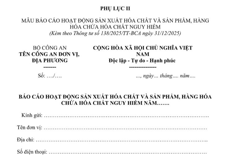 Mẫu Báo cáo hoạt động sản xuất hóa chất và sản phẩm, hàng hóa chứa hóa chất nguy hiểm