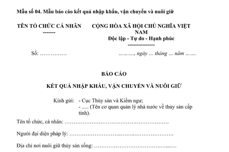 Mẫu Báo cáo kết quả nhập khẩu, vận chuyển và nuôi giữ thủy sản sống 2 Mẫu Báo cáo kết quả nhập khẩu, vận chuyển và nuôi giữ thủy sản sống