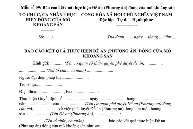 Mẫu Báo cáo kết quả thực hiện đề án (phương án) đóng cửa mỏ khoáng sản
