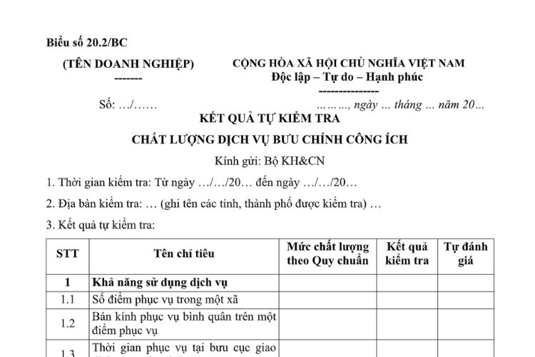 Mẫu Báo cáo kết quả tự kiểm tra chất lượng dịch vụ bưu chính công ích (gửi Bộ Khoa học và Công nghệ)