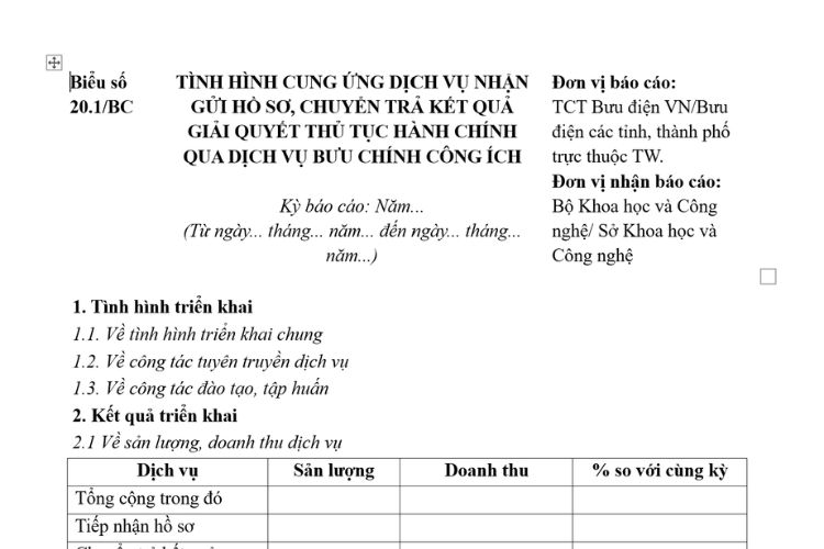 Mẫu Báo cáo tình hình cung ứng dịch vụ nhận gửi hồ sơ, chuyển trả kết quả giải quyết thủ tục hành chính qua dịch vụ bưu chính công ích