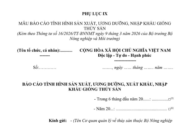 Mẫu Báo cáo tình hình sản xuất, ương dưỡng, nhập khẩu giống thủy sản