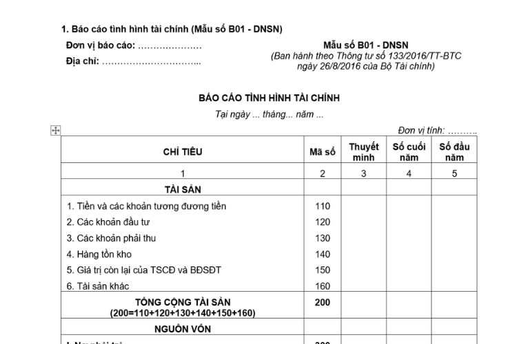 Mẫu Báo cáo tình hình tài chính (Mẫu số B01 - DNSN) theo Thông tư 133