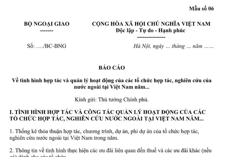Mẫu Báo cáo về tình hình hợp tác và quản lý hoạt động của các tổ chức hợp tác, nghiên cứu của nước ngoài tại Việt Nam (của Bộ Ngoại giao)