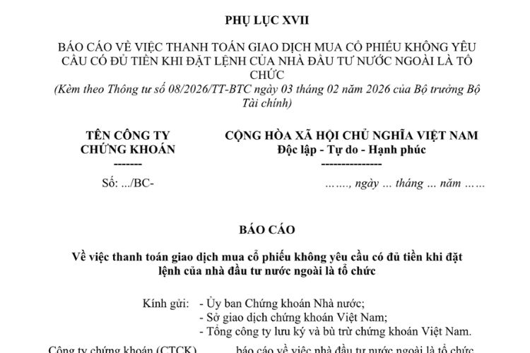 Mẫu Báo cáo về việc thanh toán giao dịch mua cổ phiếu không yêu cầu có đủ tiền khi đặt lệnh của nhà đầu tư nước ngoài là tổ chức
