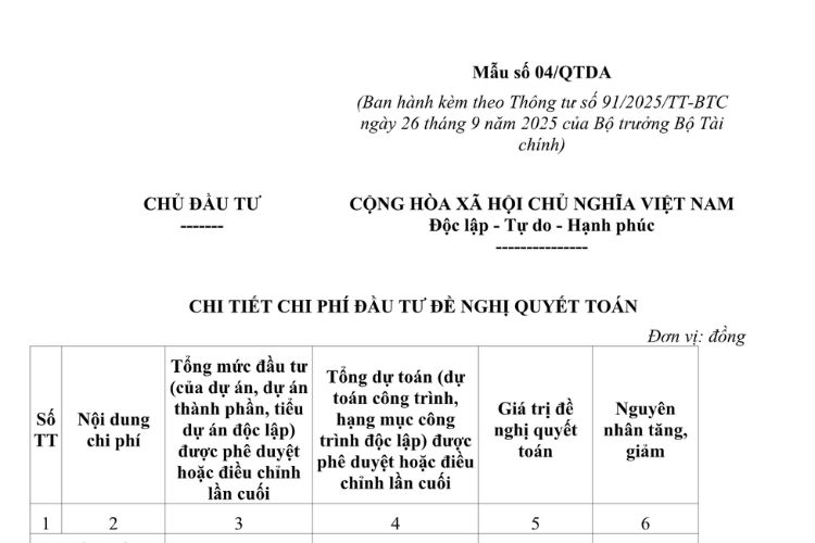 Mẫu Chi tiết chi phí đầu tư đề nghị quyết toán 2 Mẫu Chi tiết chi phí đầu tư đề nghị quyết toán