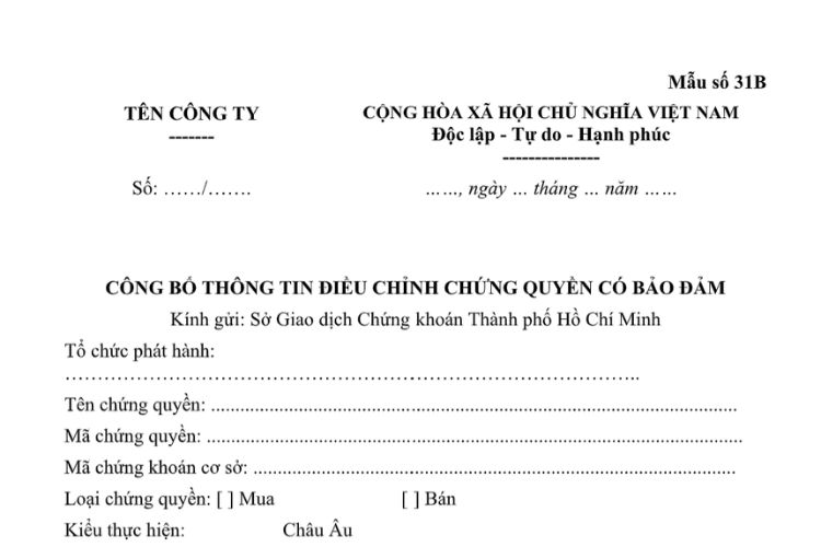 Mẫu Công bố thông tin điều chỉnh chứng quyền có bảo đảm