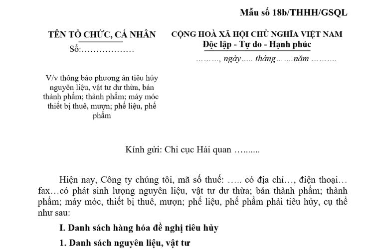 Mẫu Công văn về việc thông báo phương án tiêu hủy nguyên liệu, vật tư dư thừa, bán thành phẩm; thành phẩm; máy móc, thiết bị thuê, mượn; phế liệu, phế phẩm (đối với thủ tục hải quan) 2 Mẫu Công văn về việc thông báo phương án tiêu hủy nguyên liệu, vật tư dư thừa, bán thành phẩm; thành phẩm; máy móc, thiết bị thuê, mượn; phế liệu, phế phẩm (đối với thủ tục hải quan)