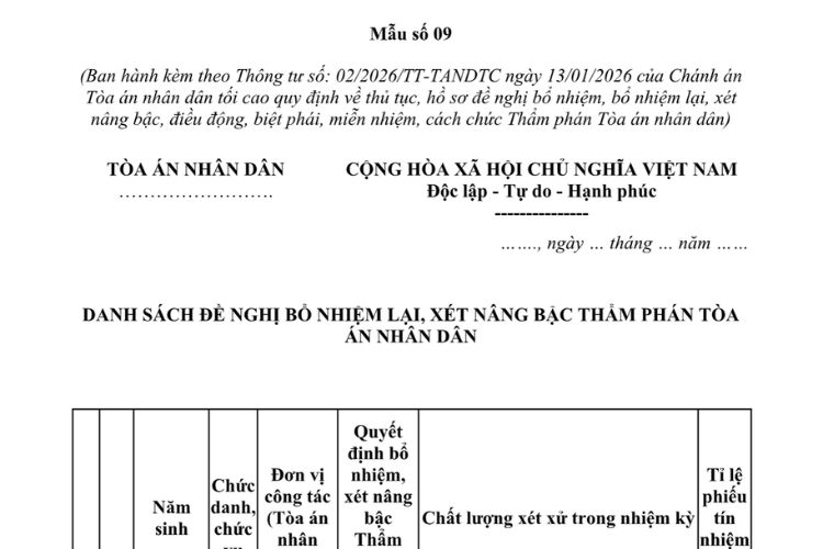 Mẫu Danh sách đề nghị bổ nhiệm lại, xét nâng bậc Thẩm phán Tòa án nhân dân