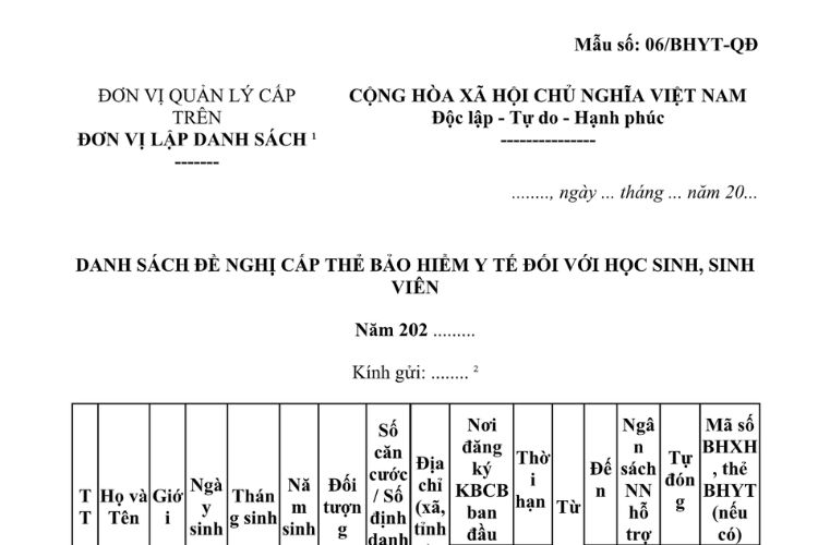 Mẫu Danh sách đề nghị cấp thẻ bảo hiểm y tế đối với học sinh, sinh viên do Bộ Quốc phòng ban hành 2 Mẫu Danh sách đề nghị cấp thẻ bảo hiểm y tế đối với học sinh, sinh viên do Bộ Quốc phòng ban hành