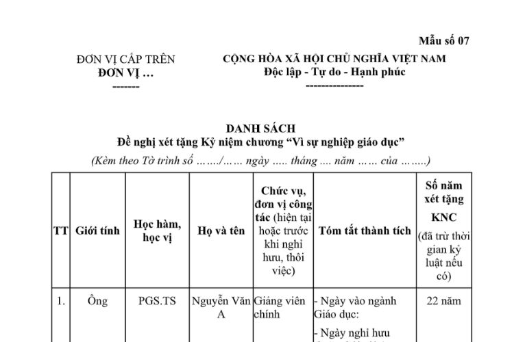 Mẫu Danh sách đề nghị xét tặng kỷ niệm chương của Bộ Giáo dục và Đào tạo 2 Mẫu Danh sách đề nghị xét tặng kỷ niệm chương của Bộ Giáo dục và Đào tạo
