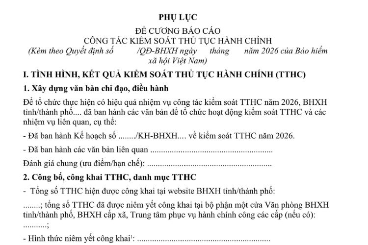 Mẫu Đề cương báo cáo công tác kiểm soát thủ tục hành chính của Bảo hiểm xã hội Việt Nam năm 2026