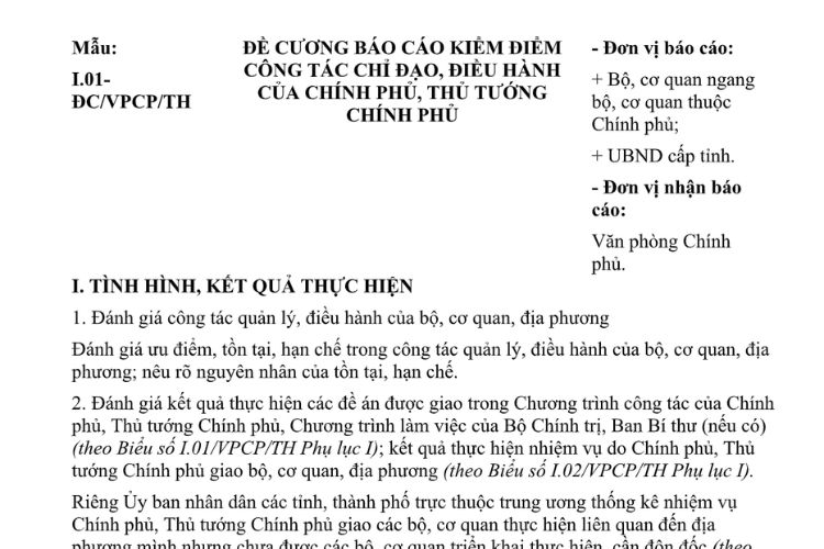Mẫu Đề cương báo cáo kiểm điểm công tác chỉ đạo, điều hành của Chính phủ, thủ tướng Chính phủ