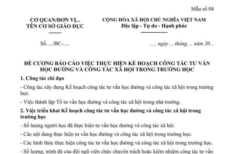 Mẫu Đề cương báo cáo việc thực hiện kế hoạch công tác tư vấn học đường và công tác xã hội trong trường học
