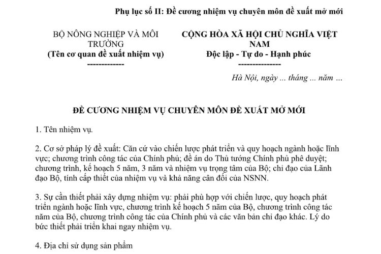 Mẫu Đề cương nhiệm vụ chuyên môn đề xuất mở mới của Bộ Nông nghiệp và Môi trường