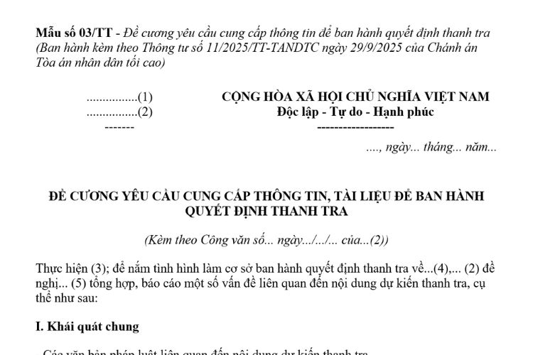 Mẫu Đề cương yêu cầu cung cấp thông tin, tài liệu để ban hành quyết định thanh tra trong Tòa án nhân dân