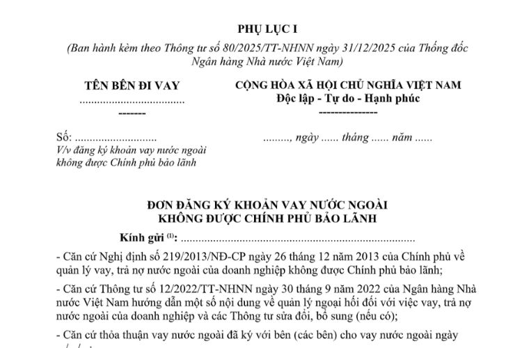 Mẫu Đơn đăng ký khoản vay nước ngoài không được Chính phủ bảo lãnh