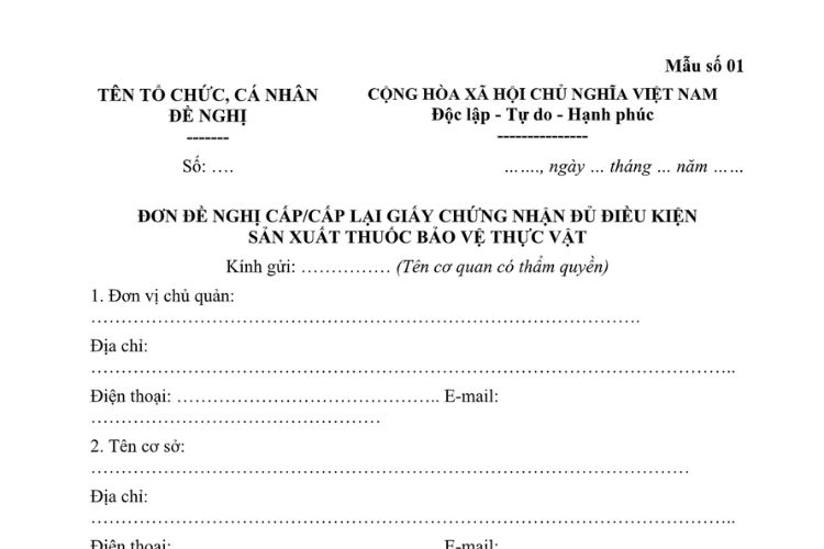 Mẫu Đơn đề nghị cấp/cấp lại giấy chứng nhận đủ điều kiện sản xuất thuốc bảo vệ thực vật