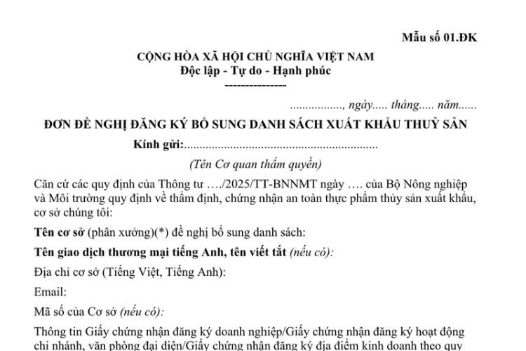 Mẫu Đơn đề nghị đăng ký bổ sung danh sách xuất khẩu thuỷ sản