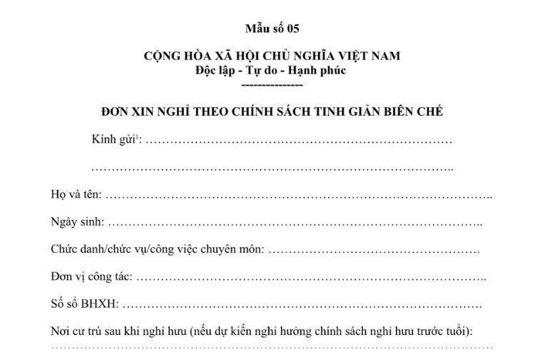 Mẫu Đơn xin nghỉ theo chính sách tinh giản biên chế của Kho bạc Nhà nước