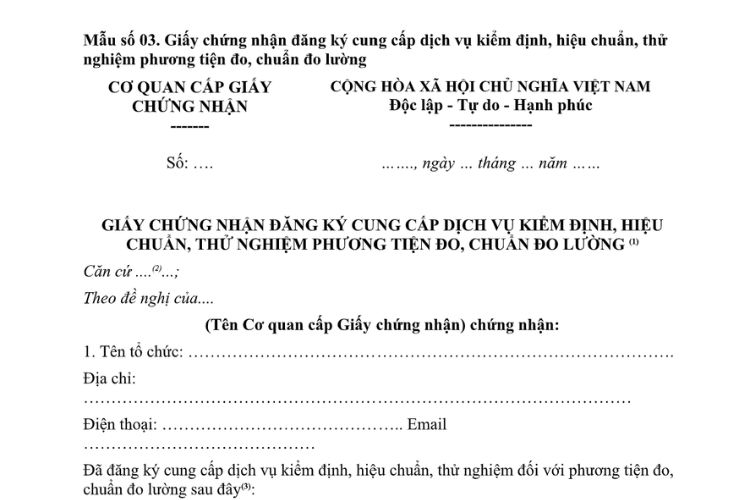 Mẫu Giấy chứng nhận đăng ký cung cấp dịch vụ kiểm định, hiệu chuẩn, thử nghiệm phương tiện đo, chuẩn đo lường