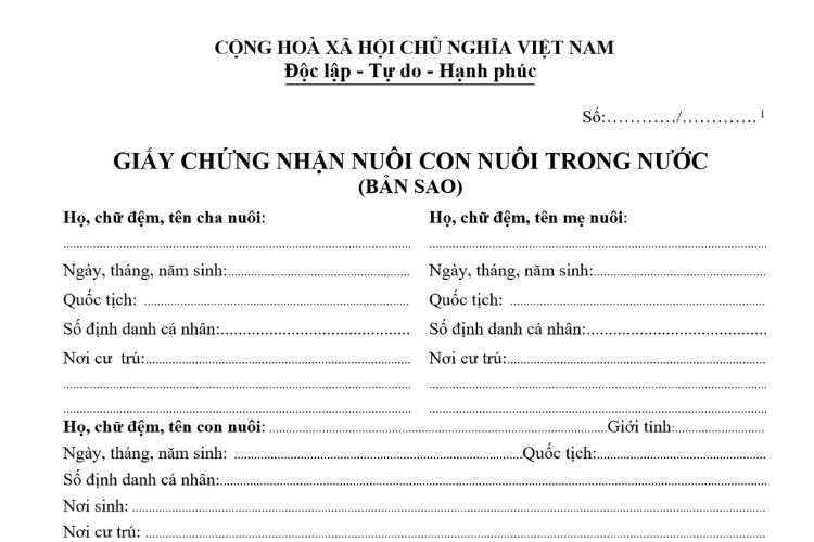 Mẫu Giấy chứng nhận nuôi con nuôi trong nước (bản sao)