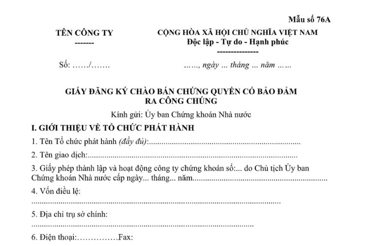 Mẫu Giấy đăng ký chào bán chứng quyền có bảo đảm ra công chúng