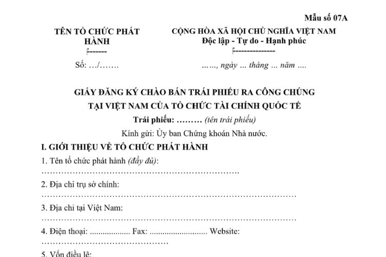 Mẫu Giấy đăng ký chào bán trái phiếu ra công chúng tại Việt Nam của tổ chức tài chính quốc tế