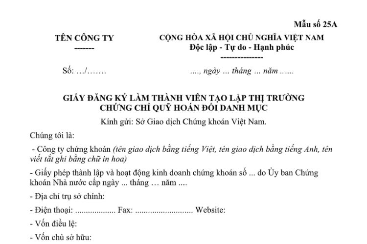 Mẫu Giấy đăng ký làm thành viên tạo lập thị trường chứng chỉ quỹ hoán đổi danh mục
