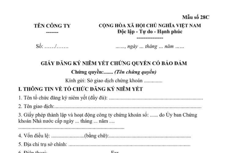 Mẫu Giấy đăng ký niêm yết chứng quyền có bảo đảm