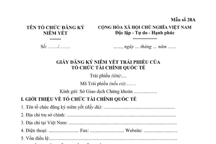 Mẫu Giấy đăng ký niêm yết trái phiếu của tổ chức tài chính quốc tế