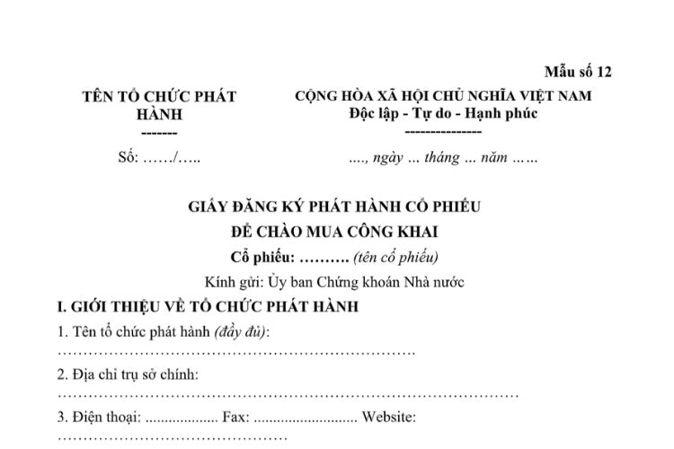 Mẫu Giấy đăng ký phát hành cổ phiếu để chào mua công khai
