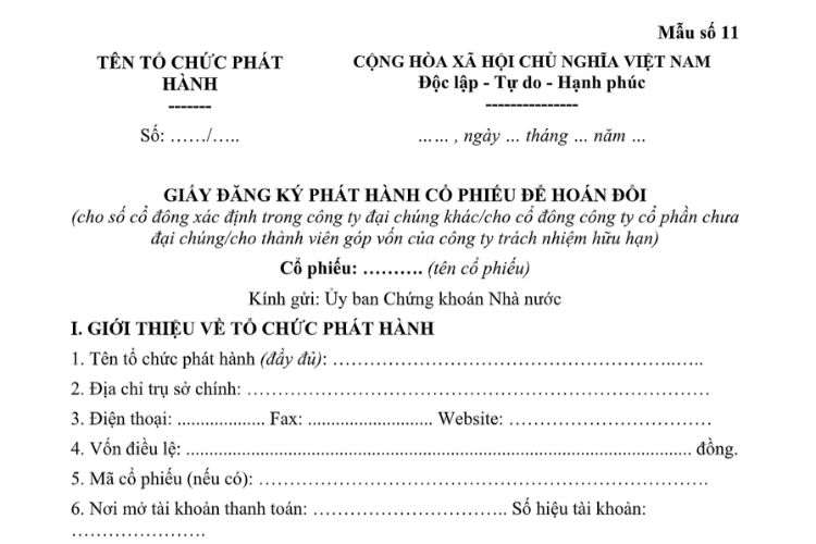 Mẫu Giấy đăng ký phát hành cổ phiếu để hoán đổi (cho số cổ đông xác định trong công ty đại chúng khác, cho cổ đông công ty cổ phần chưa đại chúng, cho thành viên góp vốn của công ty trách nhiệm hữu hạn)