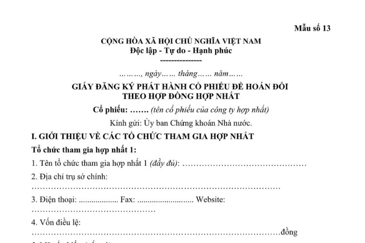 Mẫu Giấy đăng ký phát hành cổ phiếu để hoán đổi theo hợp đồng hợp nhất