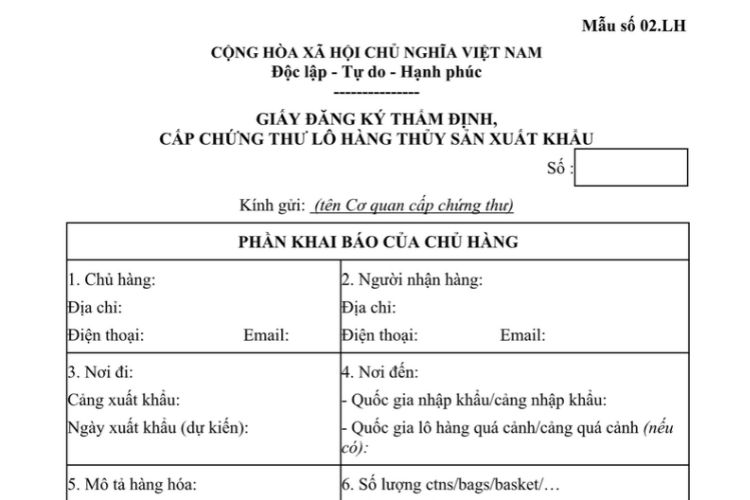 Mẫu Giấy đăng ký thẩm định, cấp chứng thư lô hàng thủy sản xuất khẩu 2 Mẫu Giấy đăng ký thẩm định, cấp chứng thư lô hàng thủy sản xuất khẩu