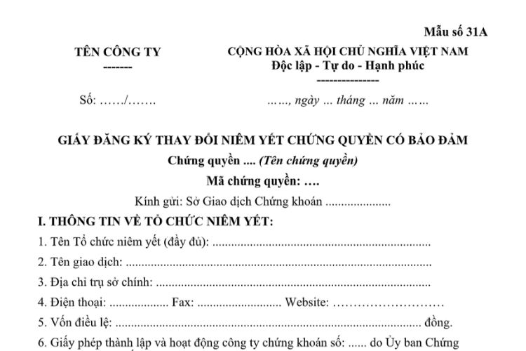 Mẫu Giấy đăng ký thay đổi niêm yết chứng quyền có bảo đảm