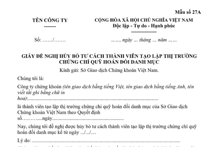 Mẫu Giấy đề nghị hủy bỏ tư cách thành viên tạo lập thị trường chứng chỉ quỹ hoán đổi danh mục