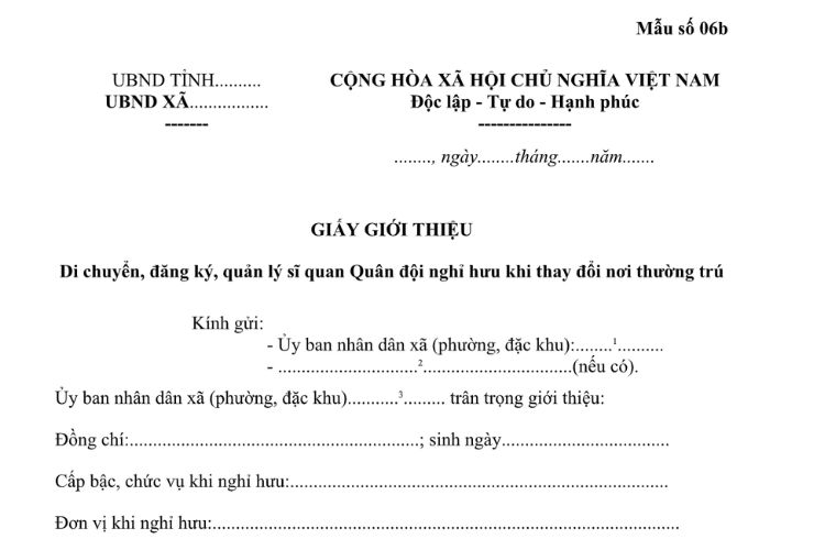 Mẫu Giấy giới thiệu di chuyển, đăng ký, quản lý sĩ quan quân đội nghỉ hưu khi thay đổi nơi thường trú