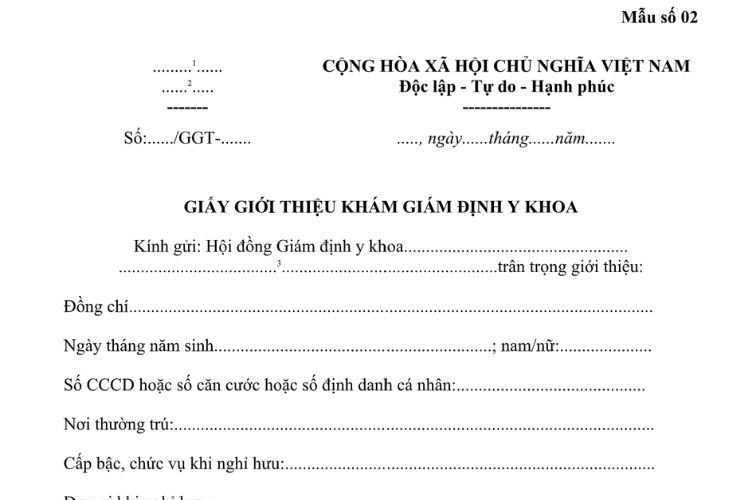 Mẫu Giấy giới thiệu khám giám định y khoa để hưởng chế độ hỗ trợ mắc bệnh hiểm nghèo đối với sĩ quan quân đội nghỉ hưu