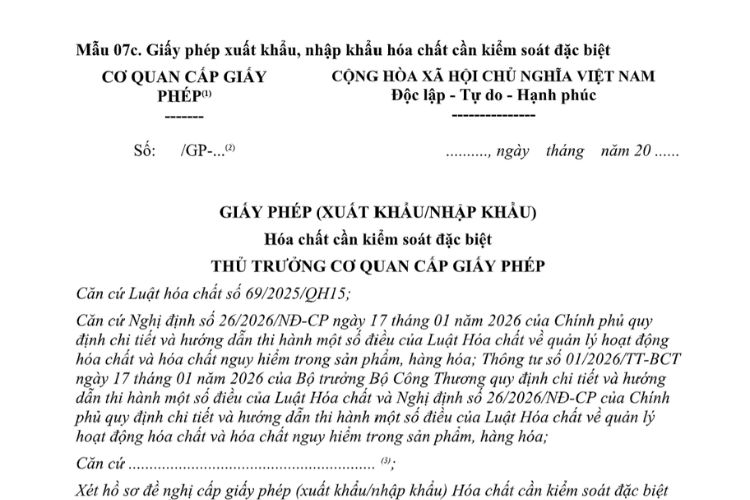 Mẫu Giấy phép xuất khẩu, nhập khẩu hóa chất cần kiểm soát đặc biệt