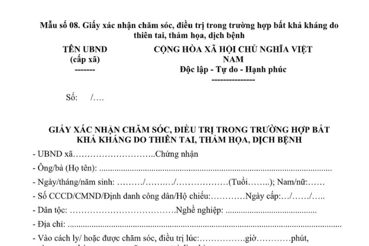 Mẫu Giấy xác nhận chăm sóc, điều trị trong trường hợp bất khả kháng do thiên tai, thảm họa, dịch bệnh
