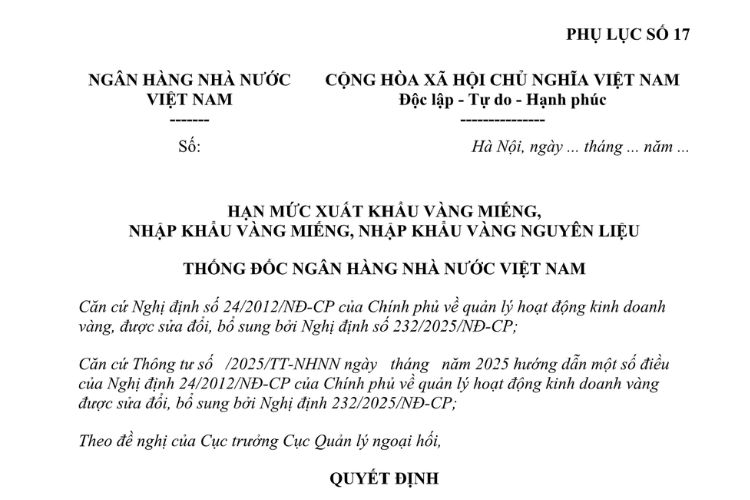 Mẫu Hạn mức xuất khẩu vàng miếng, nhập khẩu vàng miếng, nhập khẩu vàng nguyên liệu