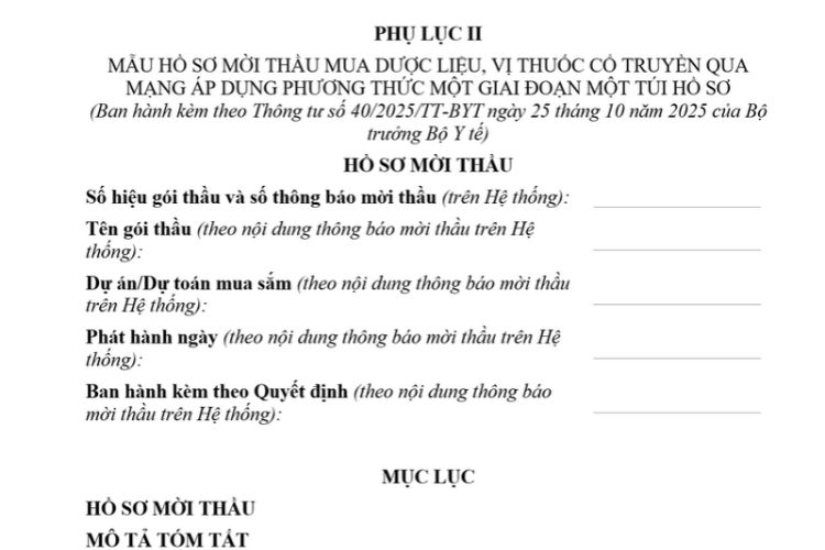 Mẫu Hồ sơ mời thầu mua dược liệu, vị thuốc cổ truyền qua mạng áp dụng phương thức một giai đoạn một túi hồ sơ